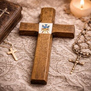 Small Vintage Wooden Wall Cross with Peaceful Blue Dove Accent Wood Devotional